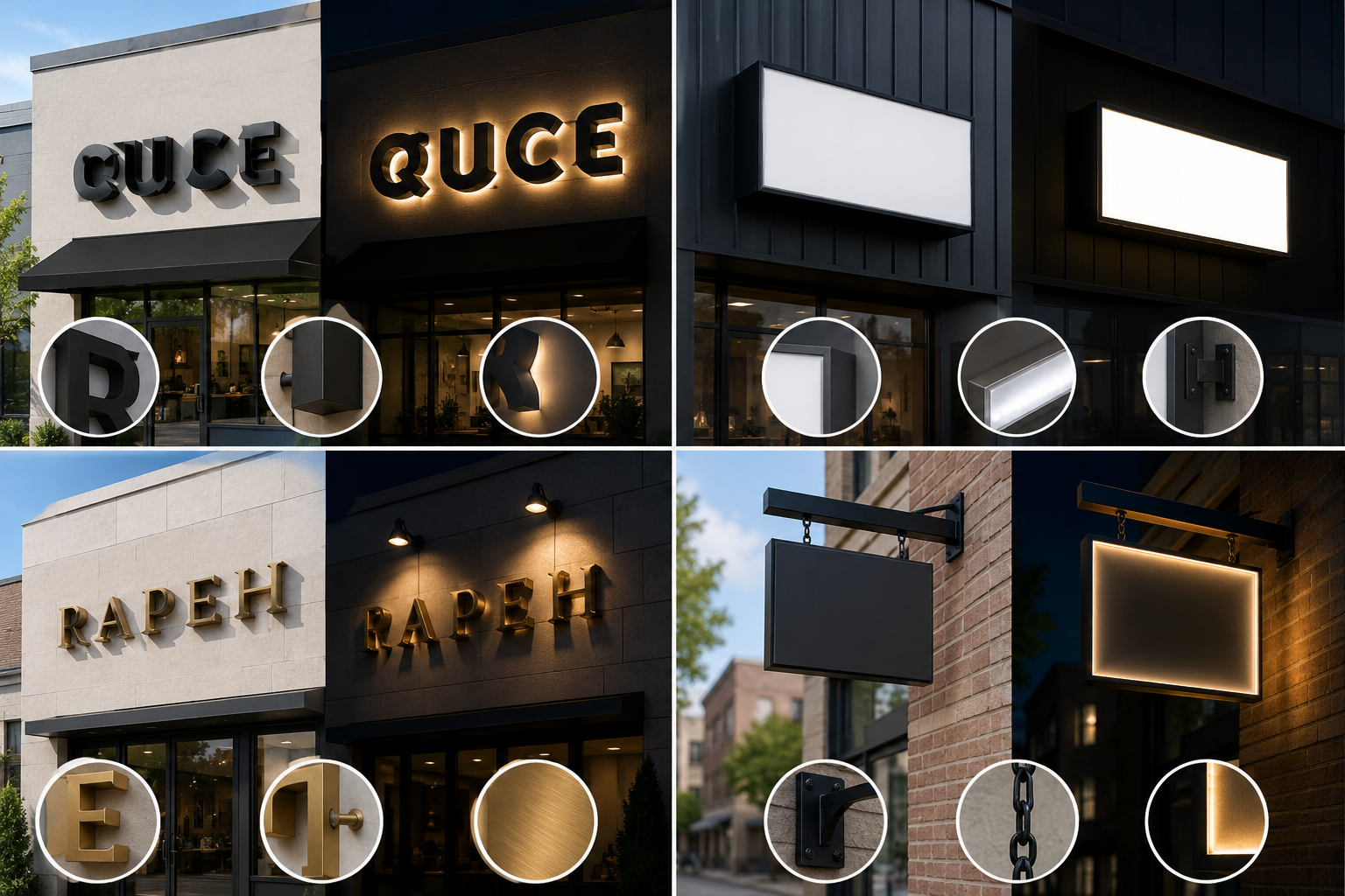 Comparison grid of four storefronts, each showing a different sign type: channel letters, lightbox, dimensional letters, and a blade sign, with visual cues for day-versus-night visibility, material texture, and mounting style.