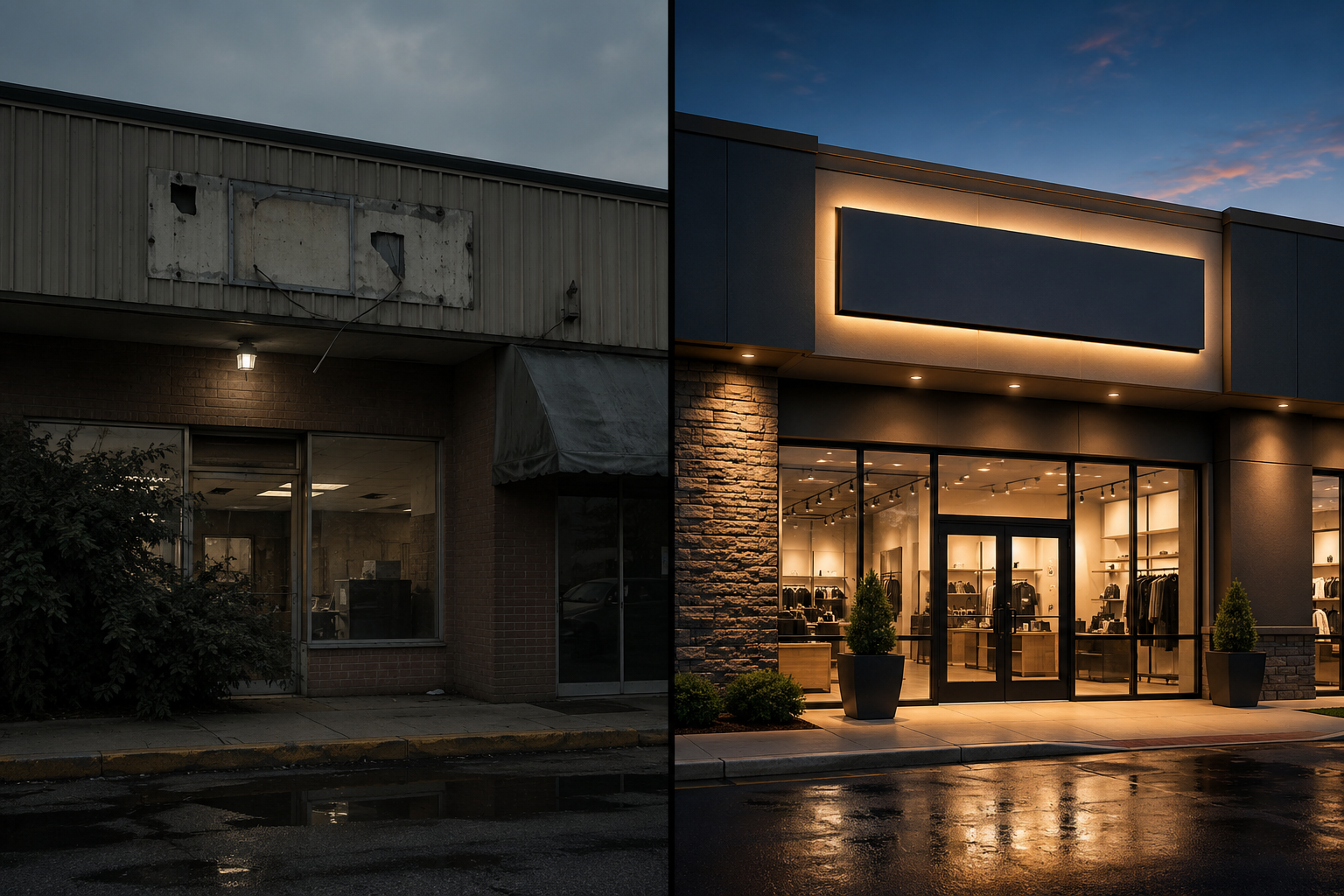 Split-screen comparison of retail signage: on one side a faded, broken, poorly lit storefront sign; on the other, well-lit channel letters with clear placement and a professional appearance, illustrating the difference in customer perception.