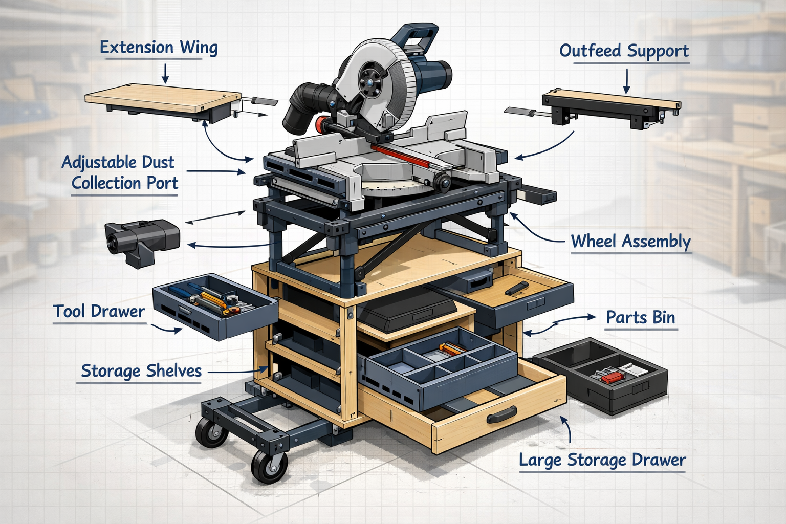 () editorial image. A schematic exploded view of a portable miter saw stand with integrated storage, highlighting key