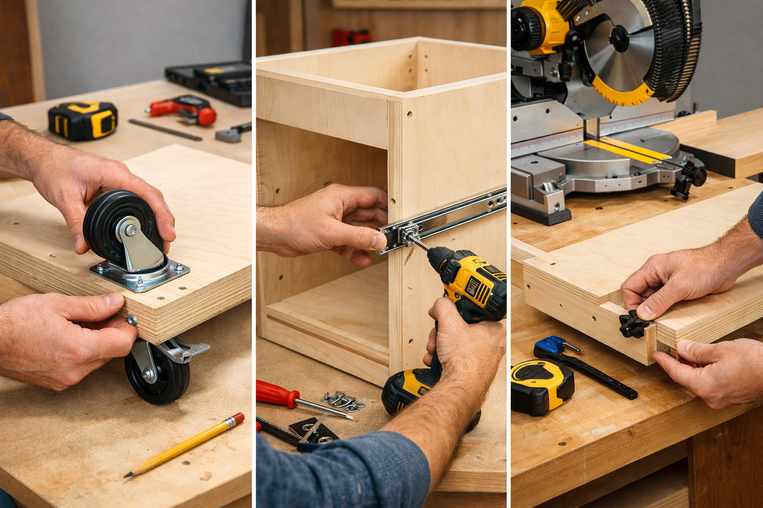() editorial image. A step-by-step visual sequence depicting the construction of a portable miter saw stand. Image shows