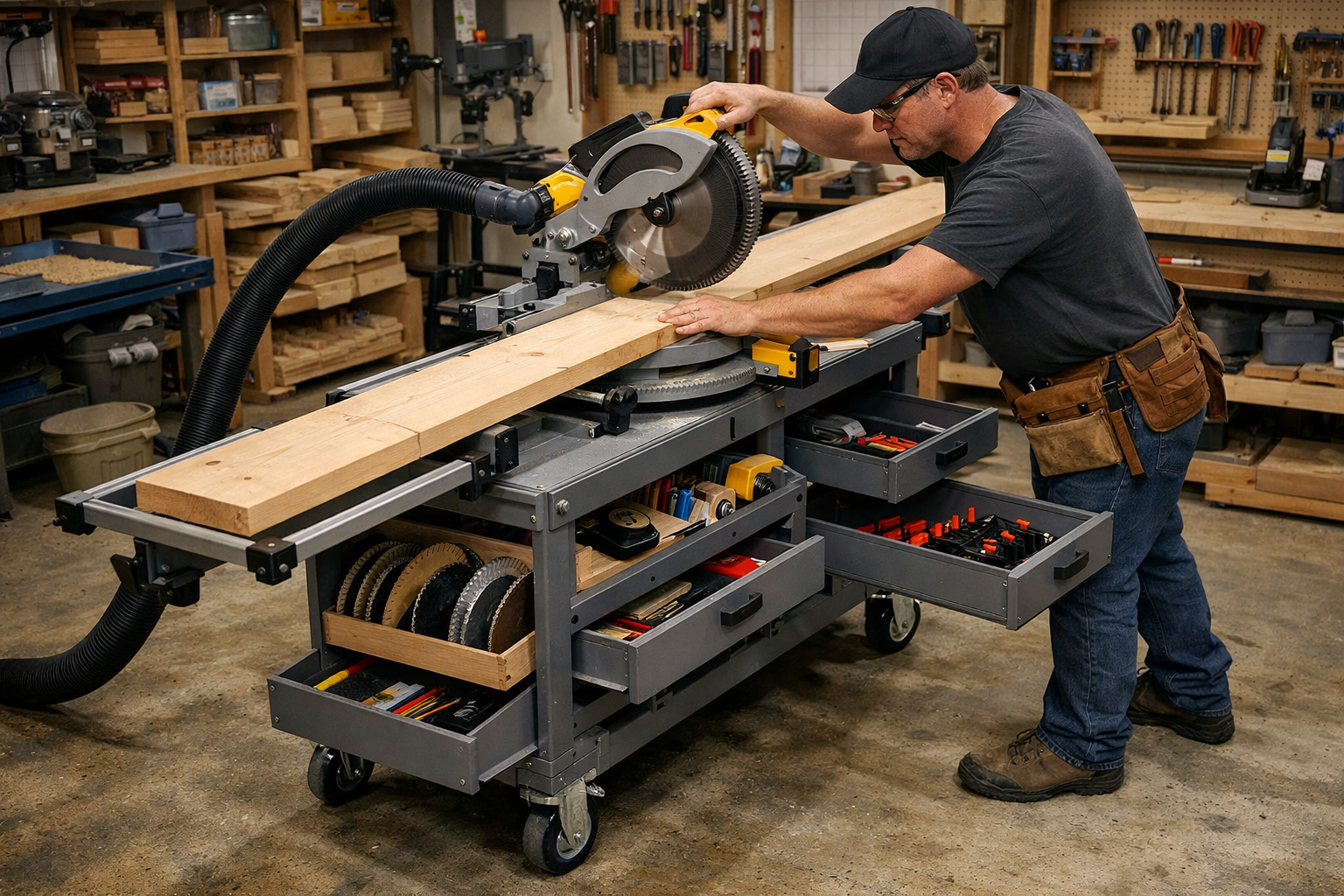 () editorial image. A fully assembled portable miter saw stand in action within a bustling, yet organized small workshop. A