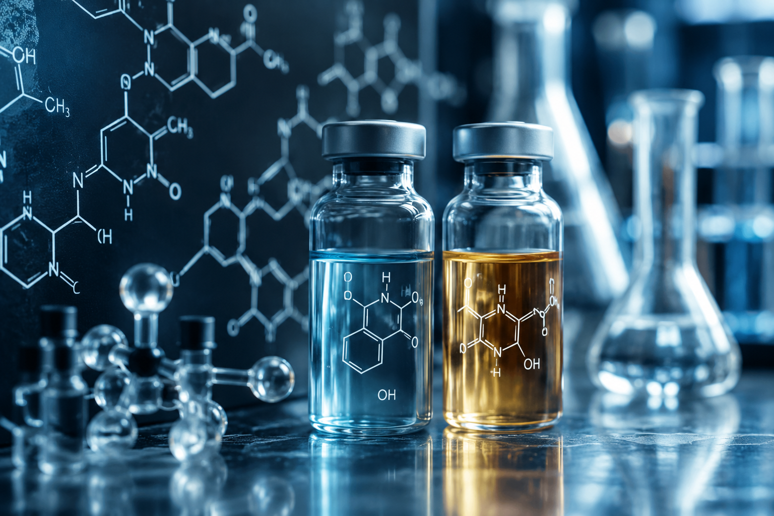 Close-up laboratory research scene showing two glass vials labeled with molecular diagrams on a reflective surface, one vial