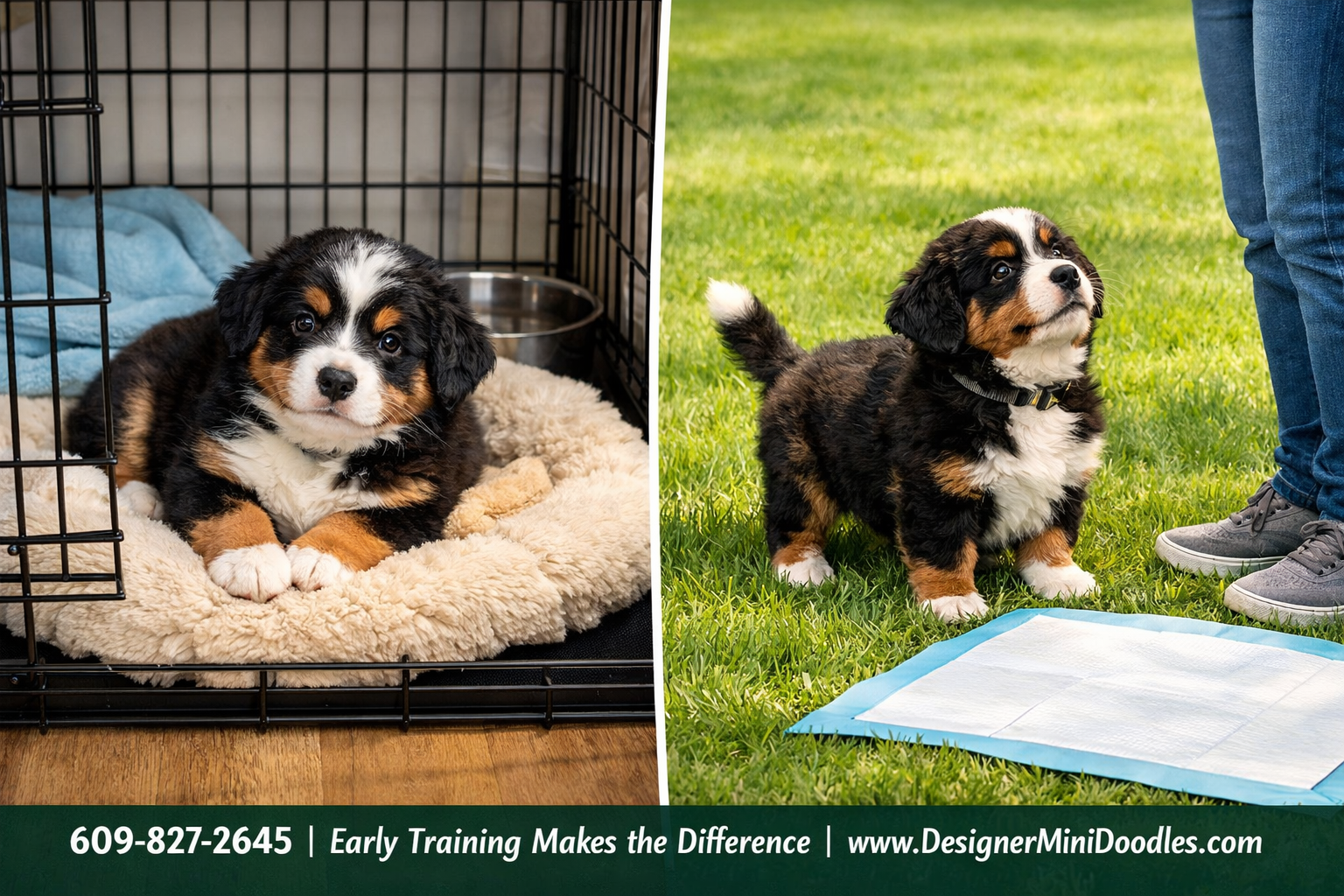 () professional split-image showing two scenes: left side shows a miniature bernese mountain dog puppy in a crate with