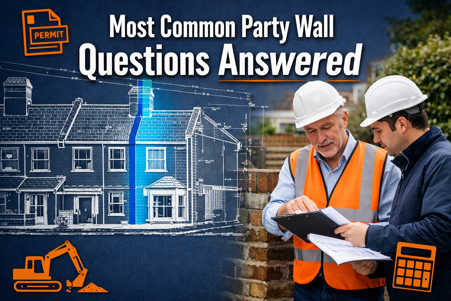 Professional () editorial hero image featuring 'Most Common Party Wall Questions Answered' in extra large white with dark