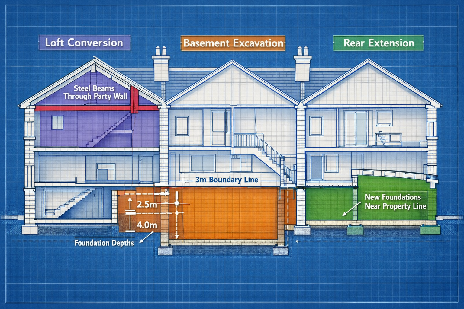 Detailed () illustration showing cross-section cutaway view of two adjoining terraced houses with transparent walls