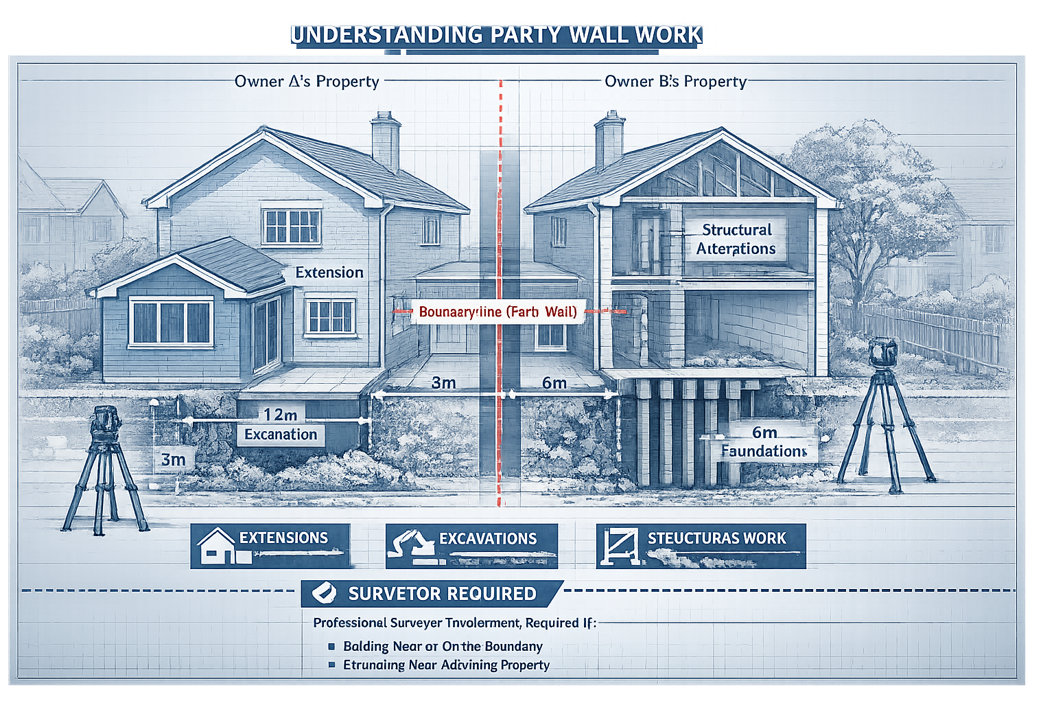 Section 2 (Understanding Party Wall Work): Split-screen architectural visualization showing two adjacent properties with