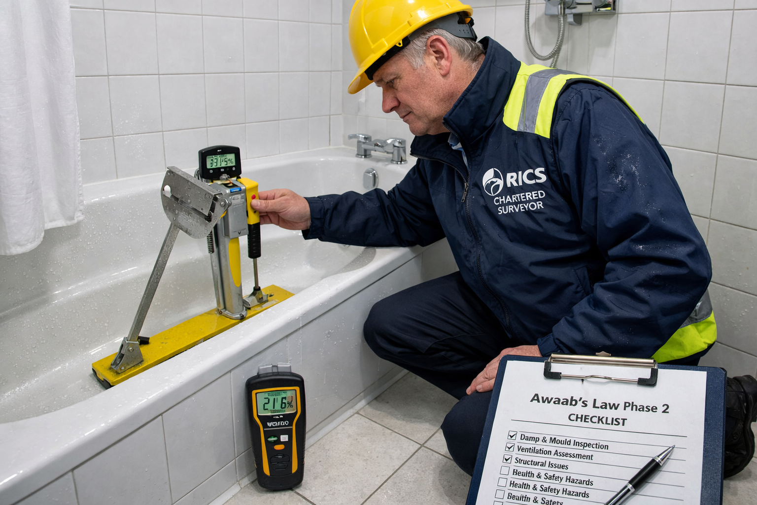 Wide-angle () showing a RICS-accredited chartered surveyor in a UK rental property bathroom conducting a Level 3 building