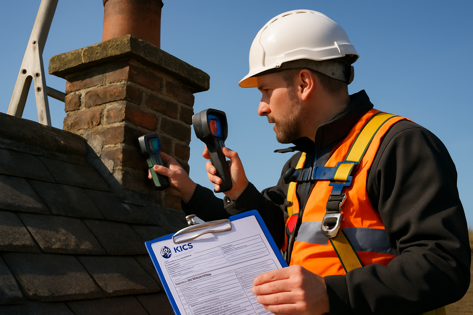 Detailed landscape image (1536x1024) showing close-up of RICS chartered surveyor conducting comprehensive roof inspection, wearing professio