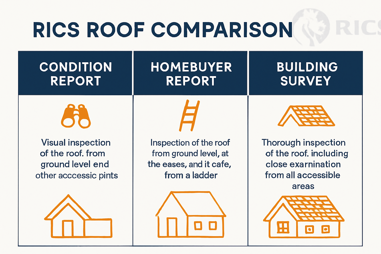 Landscape infographic image (1536x1024) displaying professional comparison chart of RICS roof survey types with three distinct columns: Cond