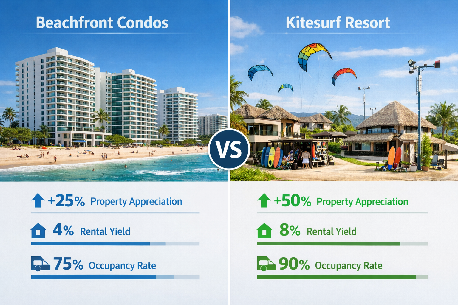 () editorial image showing split-screen comparison of coastal development types: left side displays generic beachfront
