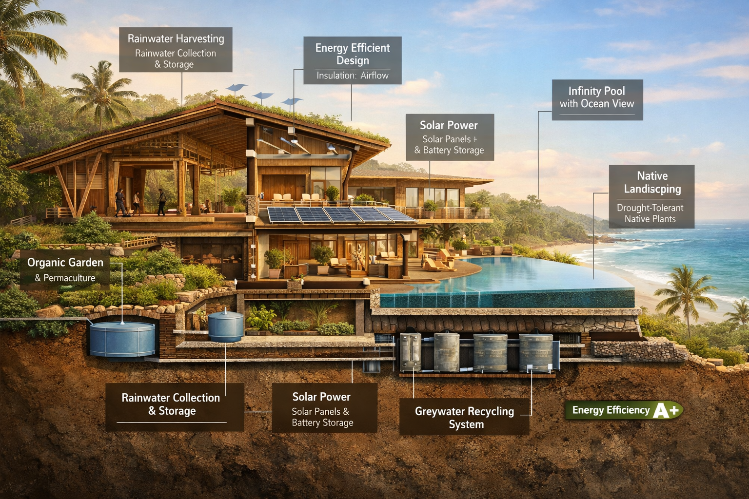 () detailed architectural visualization of eco-luxury wellness resort on Brazilian coastline featuring sustainable materials