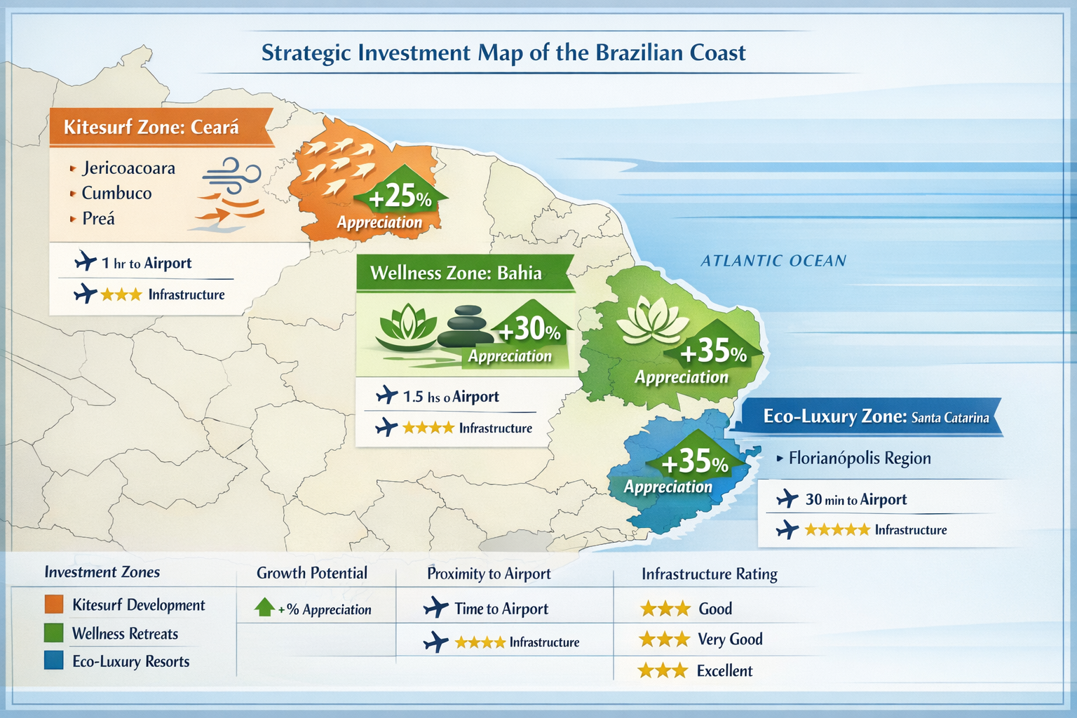 () strategic investment map of Brazilian coast highlighting three distinct zones: Ceará region (Jericoacoara, Cumbuco, Preá)