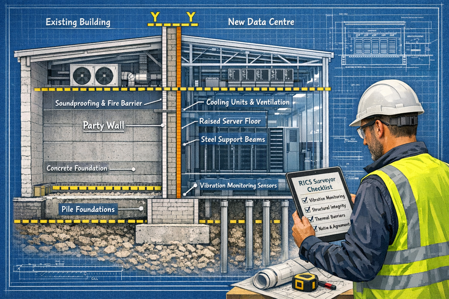 Detailed landscape format (1536x1024) technical illustration showing Party Wall Act compliance workflow for data centre projects. Split-scre