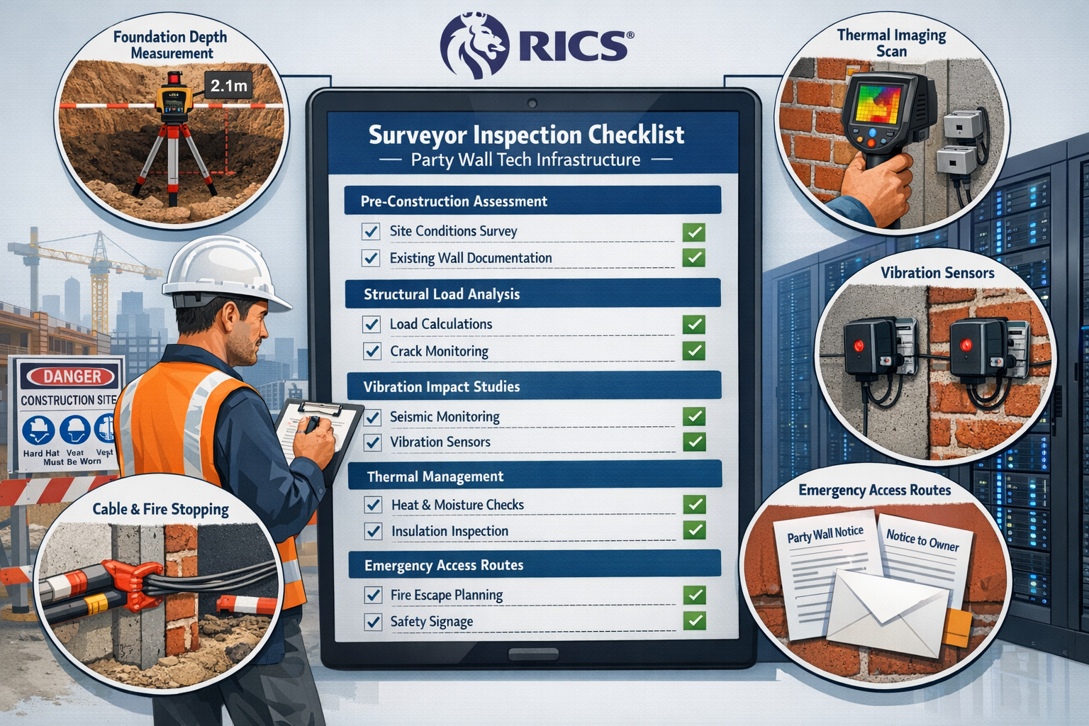 Detailed landscape format (1536x1024) infographic showing comprehensive surveyor inspection checklist for tech infrastructure party wall pro