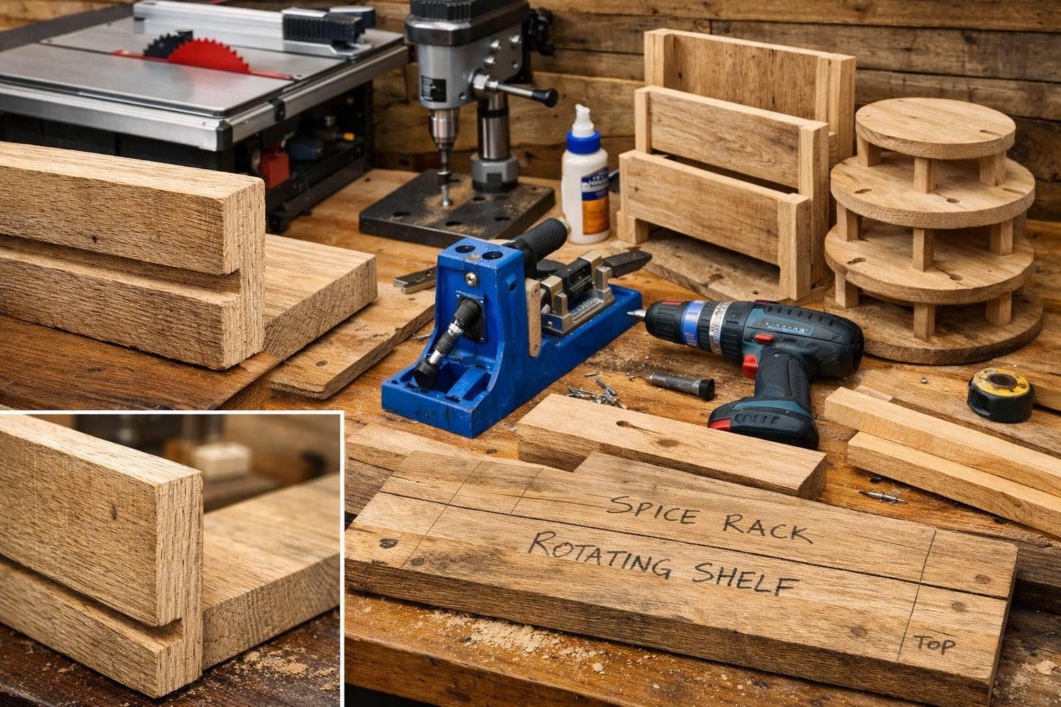 Landscape format (1536x1024) image illustrating a woodworking bench with various power tools (table saw, router, drill press) alongside part