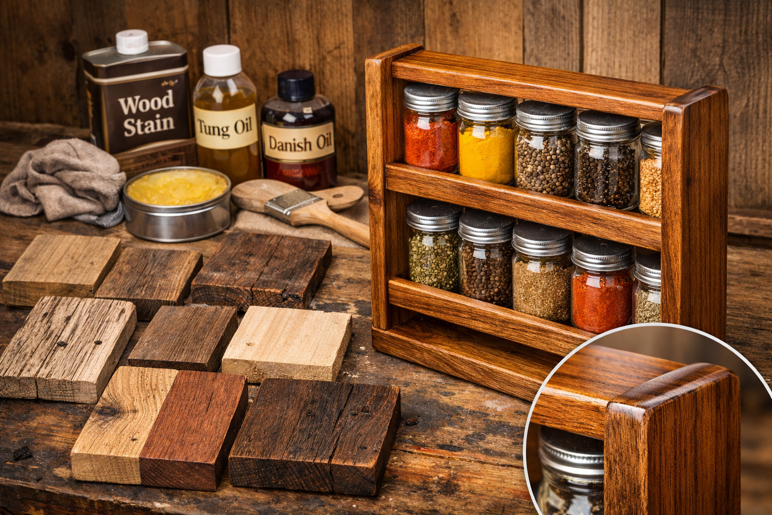 Landscape format (1536x1024) image featuring a variety of reclaimed wood samples, some prepped for finishing, next to different wood finishi