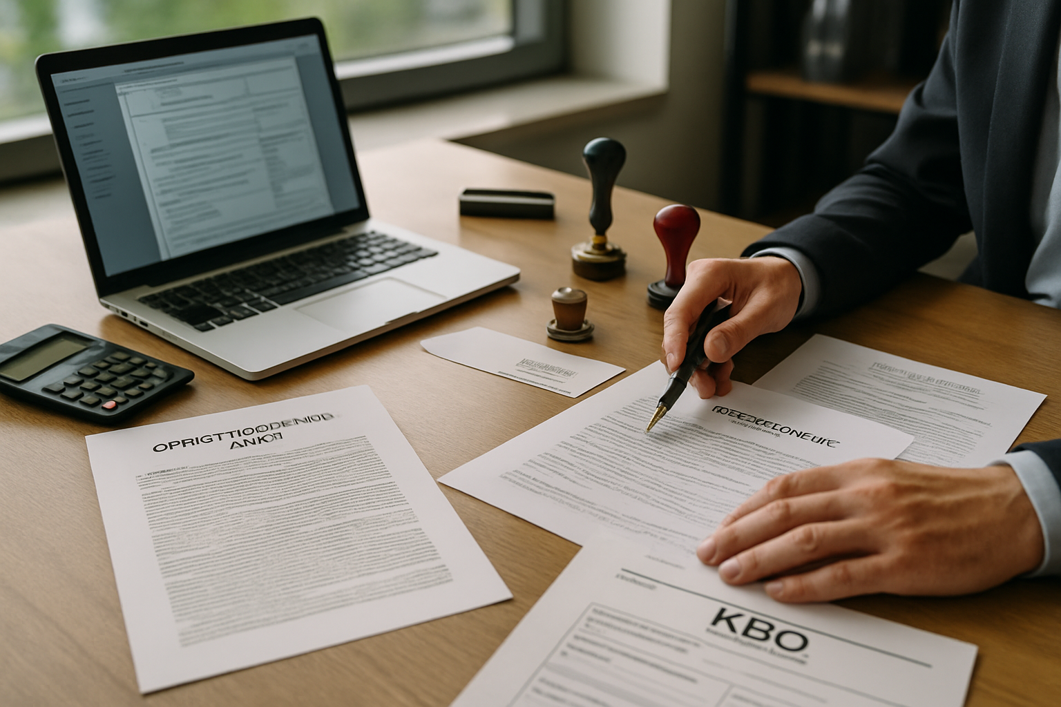 Detailed landscape photograph (1536x1024) of Belgian notary's desk during oprichtingsakte preparation session, showing multiple legal docume