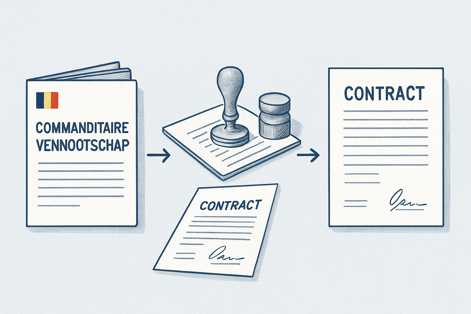 Professional editorial illustration depicting the step-by-step process of drafting a 'Commanditaire Vennootschap' establishment deed (oprich