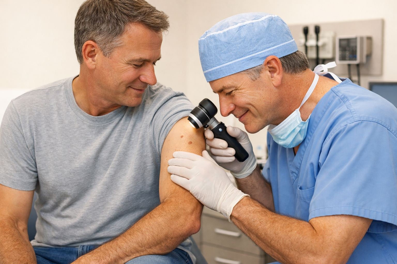 () scene showing a patient sitting in a bright outpatient clinic room while a surgeon in scrubs examines a mole on the