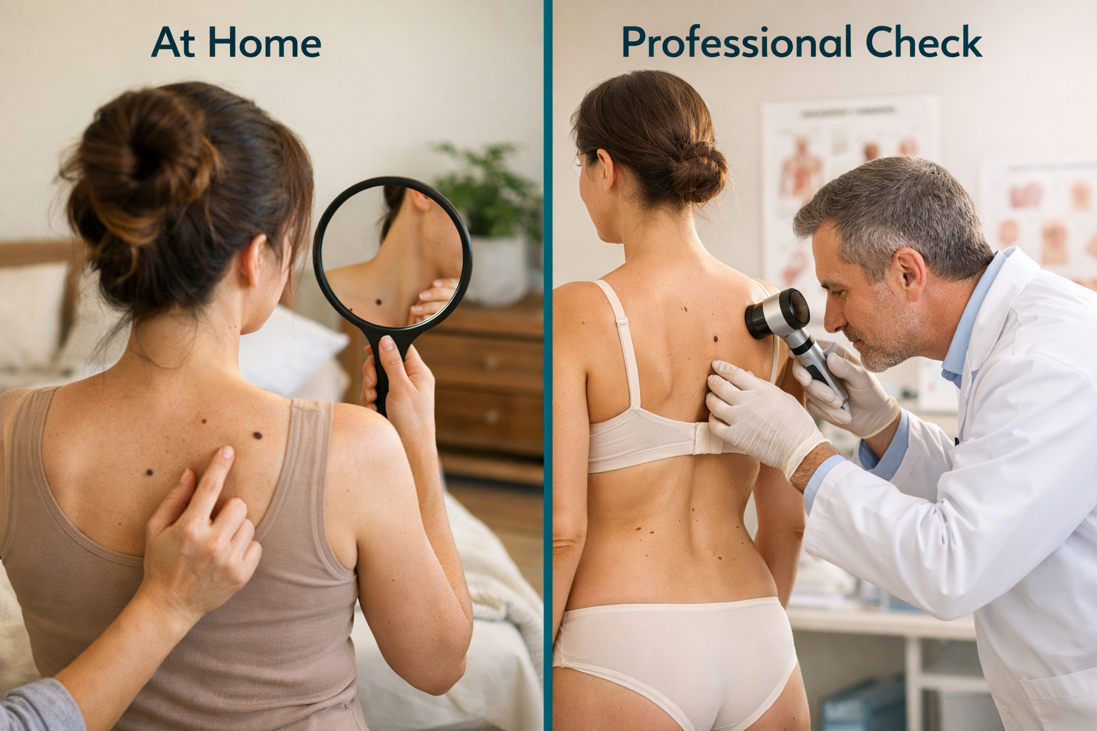 () comparison layout showing two distinct panels: left panel depicts a person doing a self-skin check at home using a