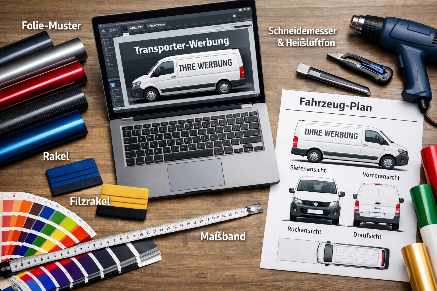 () close-up overhead flat-lay of a design workspace showing printed vinyl foil samples, color swatches, a laptop with