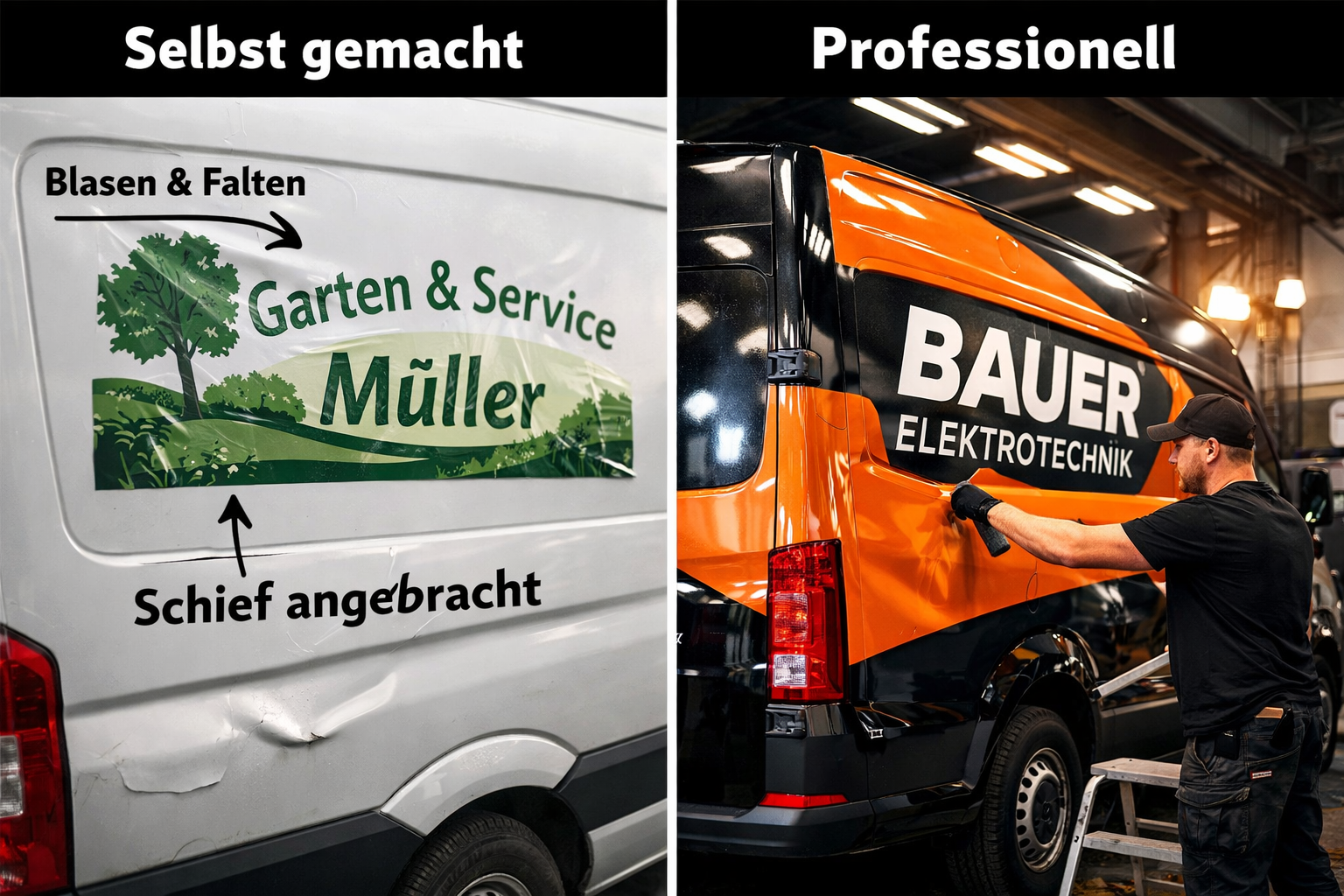 () split-scene comparison image: left side shows an amateur DIY van sticker application with bubbles and misalignment, right