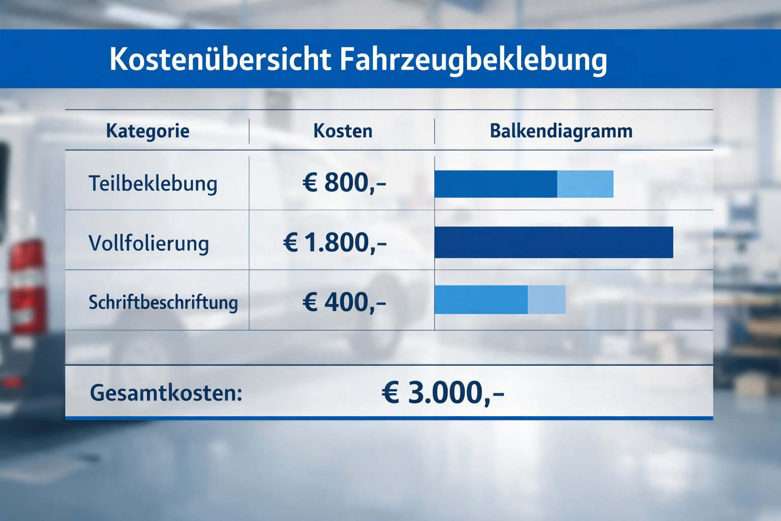 () cost breakdown visual: a clean German-language pricing table graphic overlaid on a blurred van workshop background,