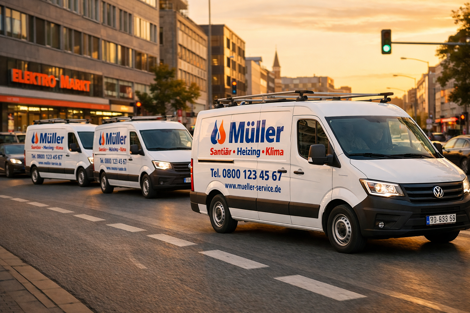 () wide-angle street scene in a German city showing a fleet of three matching white vans with consistent professional