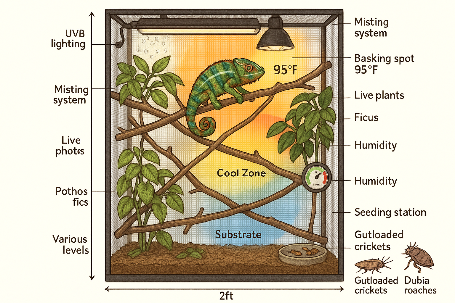 Detailed terrarium setup illustration showing proper panther chameleon habitat with screen enclosure dimensions (4ft tall x 2ft x 2ft), UVB