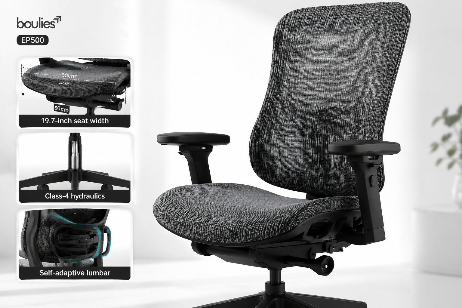 Boulies EP500 Office Chair Close-up product shot of the Boulies EP500 ergonomic office chair from a 45-degree front angle, showcasing the wide chenille-blended mesh seat (50cm width), high backrest, and 5D flip-up armrests in a bright minimalist studio setting. Inset callout boxes highlight key specs: '19.7-inch seat width', 'Class-4 hydraulics', 'Self-adaptive lumbar'. Clean white background with soft gray shadows, professional product photography style, landscape format 1536x1024, editorial quality.