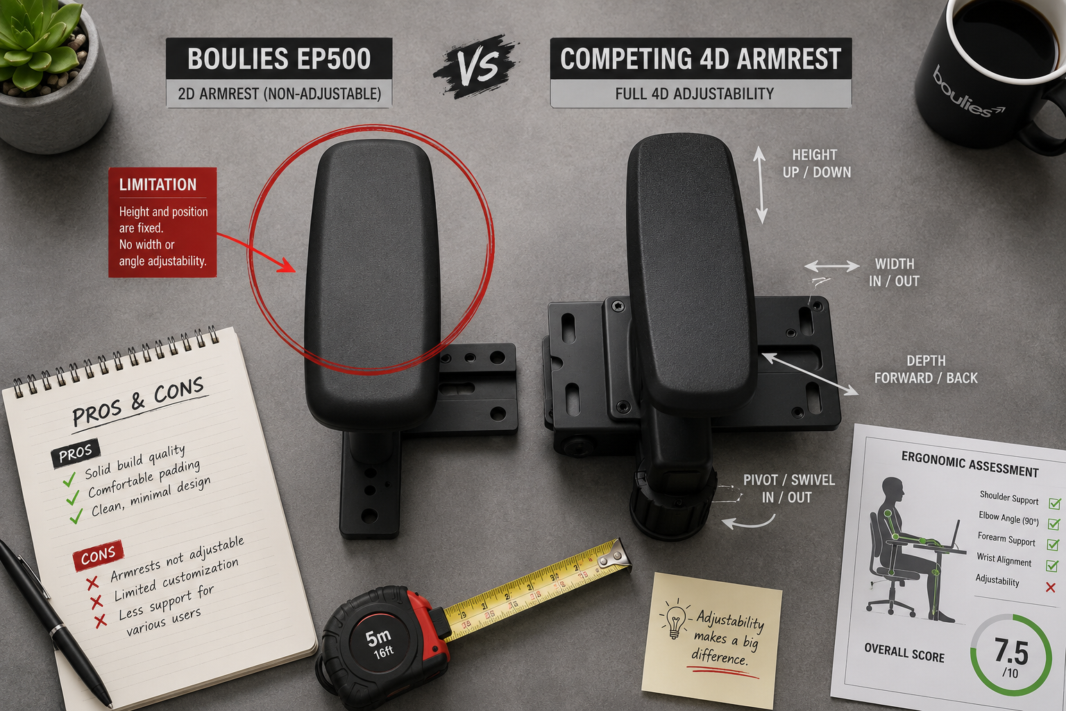 Boulies EP500 Office Chair Overhead flat-lay comparison layout showing the Boulies EP500 armrest mechanism isolated on a neutral surface next to a competing ergonomic chair armrest with full 4D adjustability, both labeled with annotation arrows. Red circle highlighting the EP500 non-adjustable armrest limitation. Surrounding context includes a notepad with 'pros and cons' checklist, measuring tape, and ergonomic assessment chart. Muted gray and white color palette with red accent highlights, landscape format 1536x1024, editorial review aesthetic.
Where the Boulies EP500 Office Chair Review: Almost Perfect, But Misses the Mark