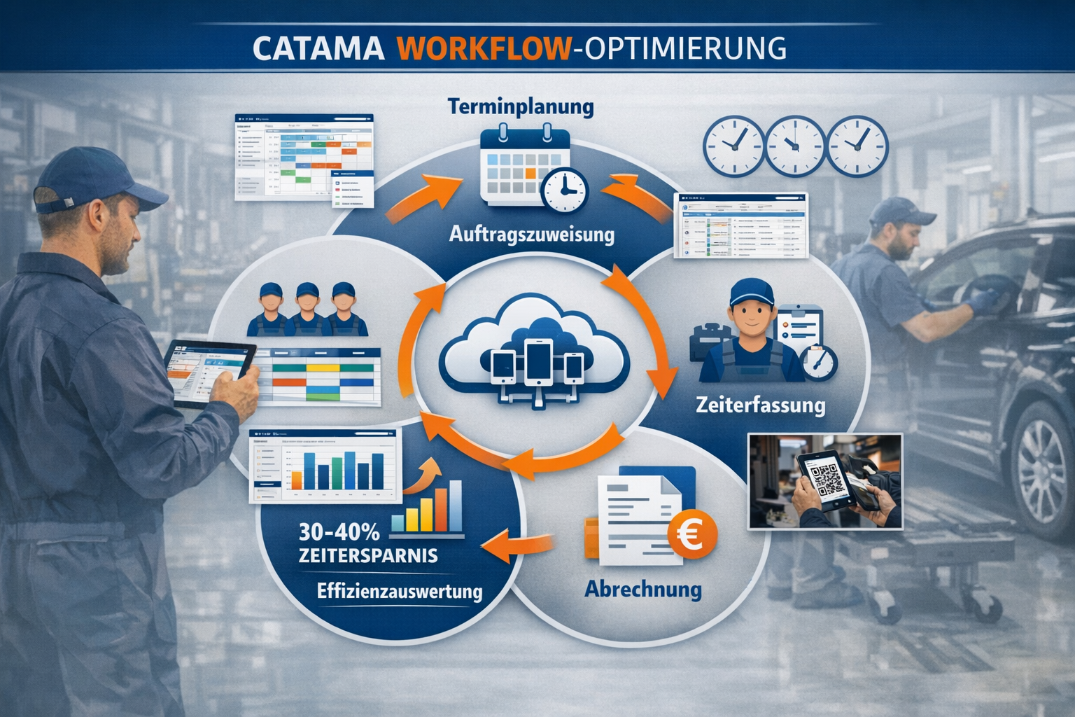 Detailed landscape format (1536x1024) infographic-style image displaying CATAMA workflow optimization process: central circular diagram show