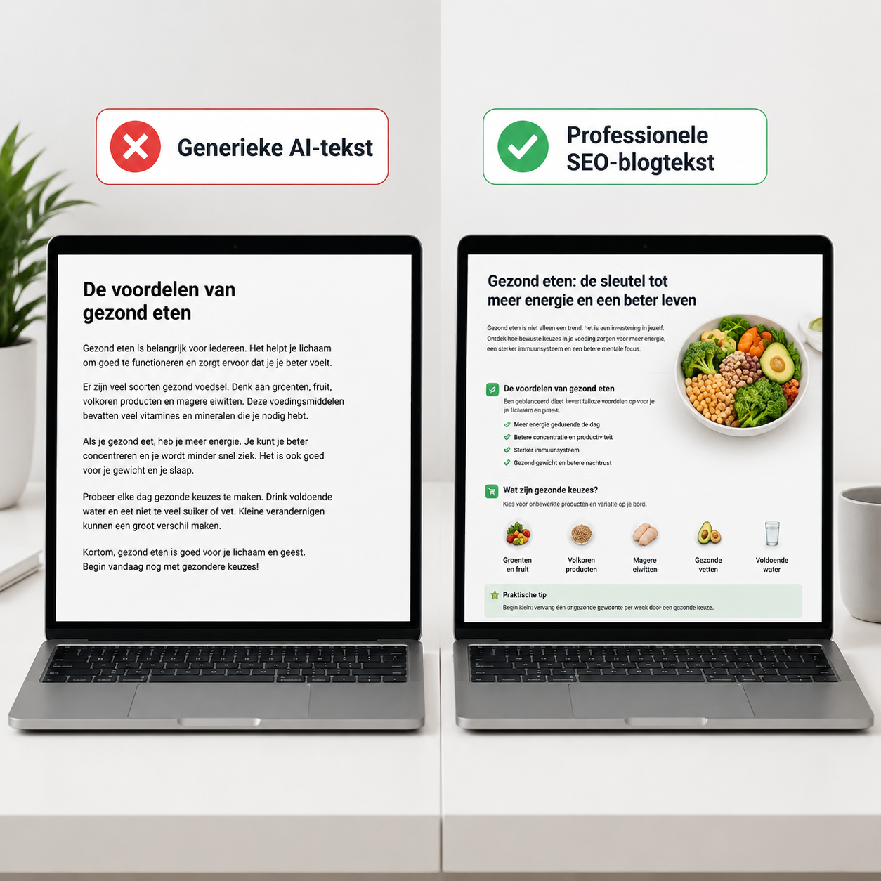 Generieke AI-tekst versus professionele SEO-blogtekst