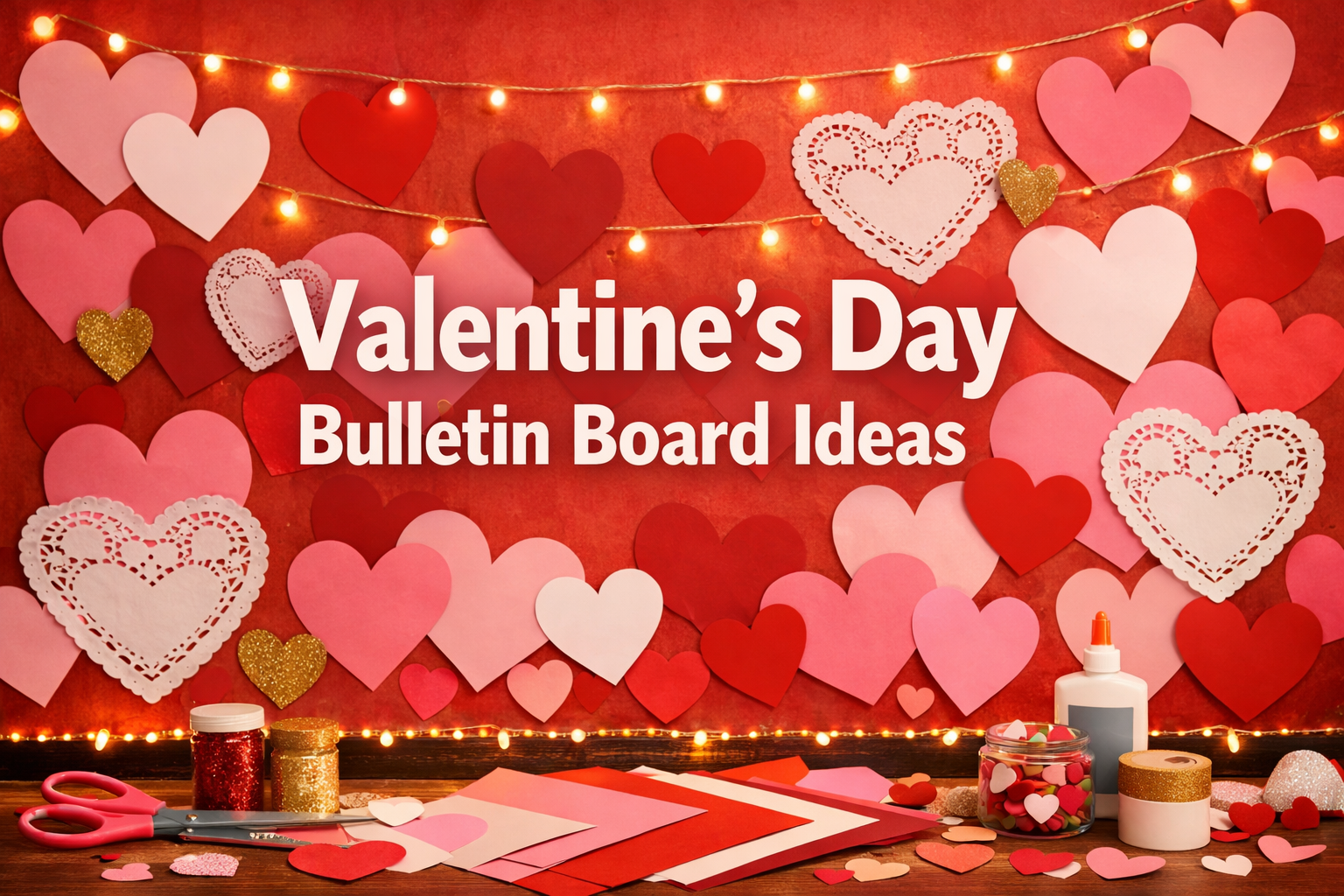 Professional () hero image featuring 'Valentine's Day Bulletin Board Ideas' in extra large white with soft pink effect,