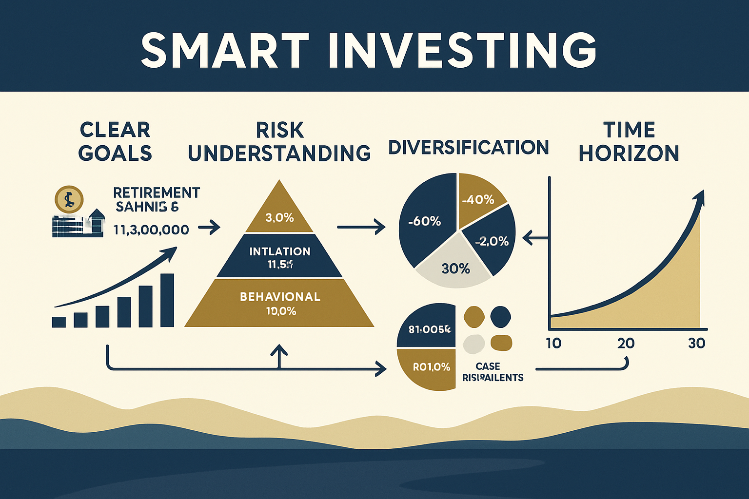 Comprehensive landscape visualization (1536x1024) illustrating the four core principles of smart investing as interconnected pillars or fram
