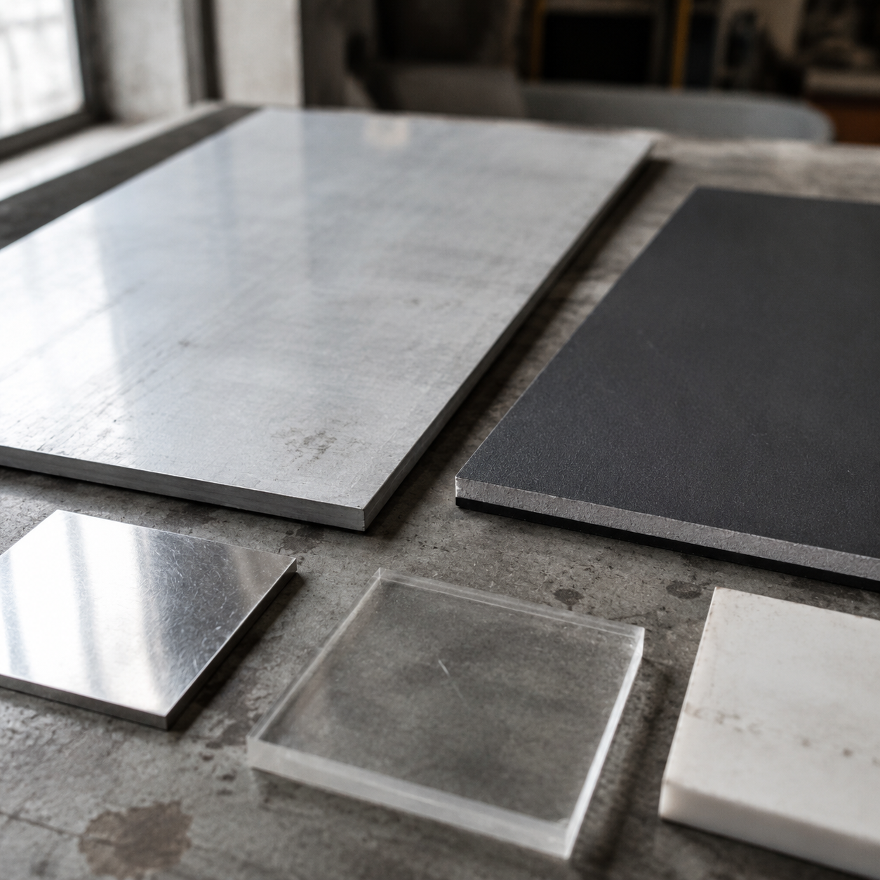 Flat-lay of outdoor sign material samples on a workshop bench: a raw aluminum panel, an aluminum composite panel showing its layered edge, a polished stainless steel offcut, a translucent acrylic sample, and a piece of PVC.