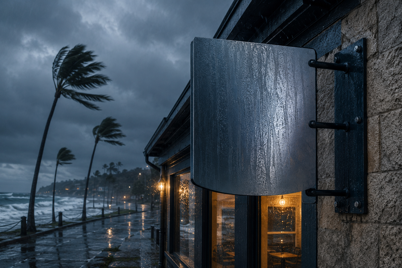 Coastal storefront with a dimensional metal sign facing salt spray and an overcast sky, wet pavement reflecting the illuminated facade, an outdoor sign holding up in harsh weather.