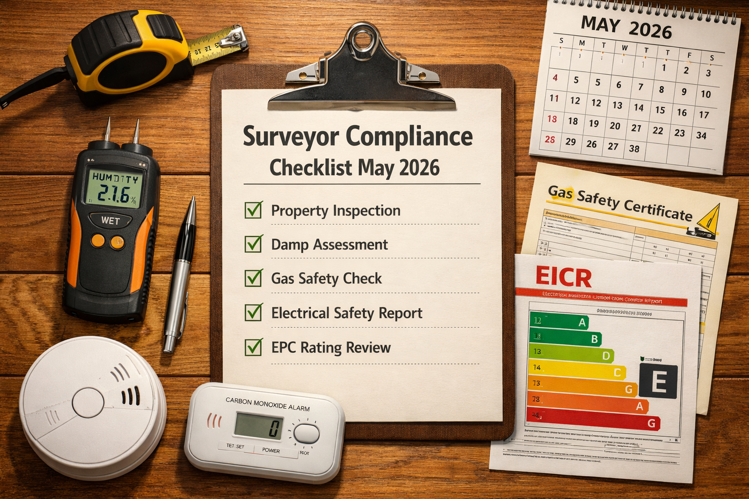 () overhead flat-lay photograph of a property compliance checklist on a clipboard surrounded by professional surveyor tools: