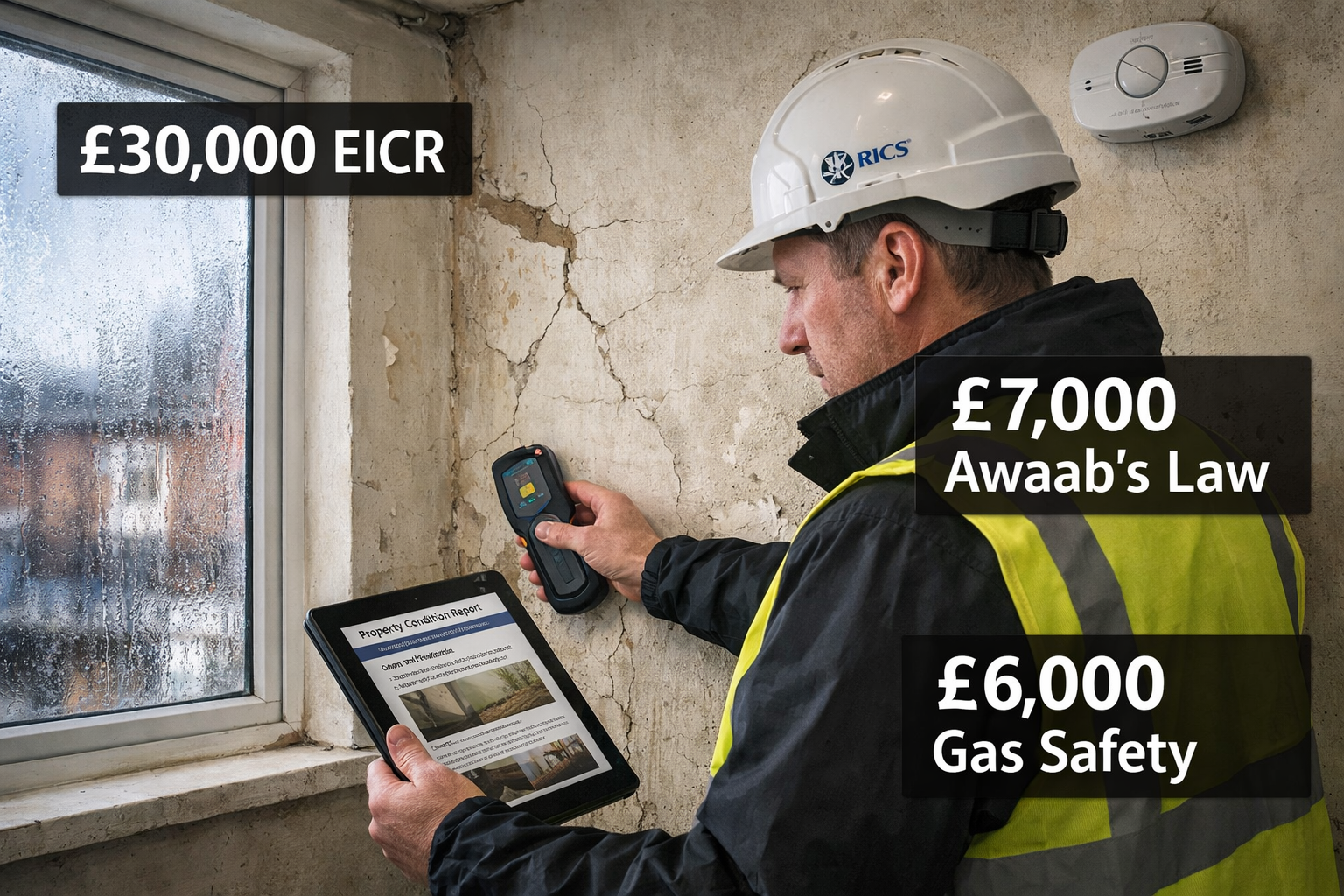 () wide-angle photograph of a RICS surveyor conducting an interior building survey in a rental flat, using a damp meter on a