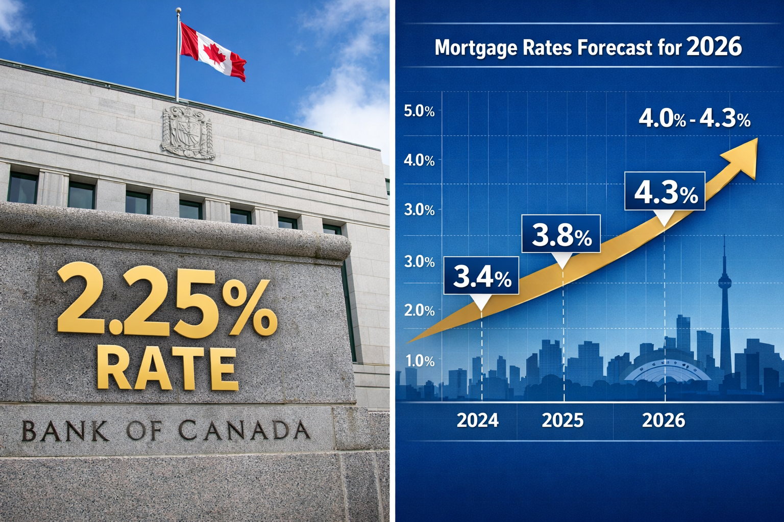 Landscape format (1536x1024) editorial image showing split-screen comparison: left side displays Bank of Canada building with '2.25% Rate' t