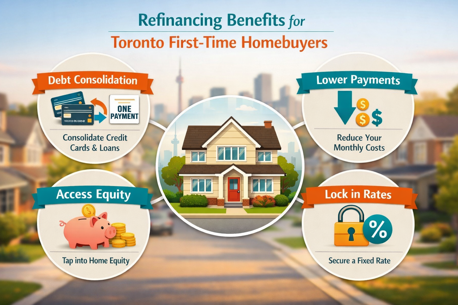 Landscape format (1536x1024) detailed infographic showing refinancing benefits for Toronto first-time homebuyers: central house icon surroun
