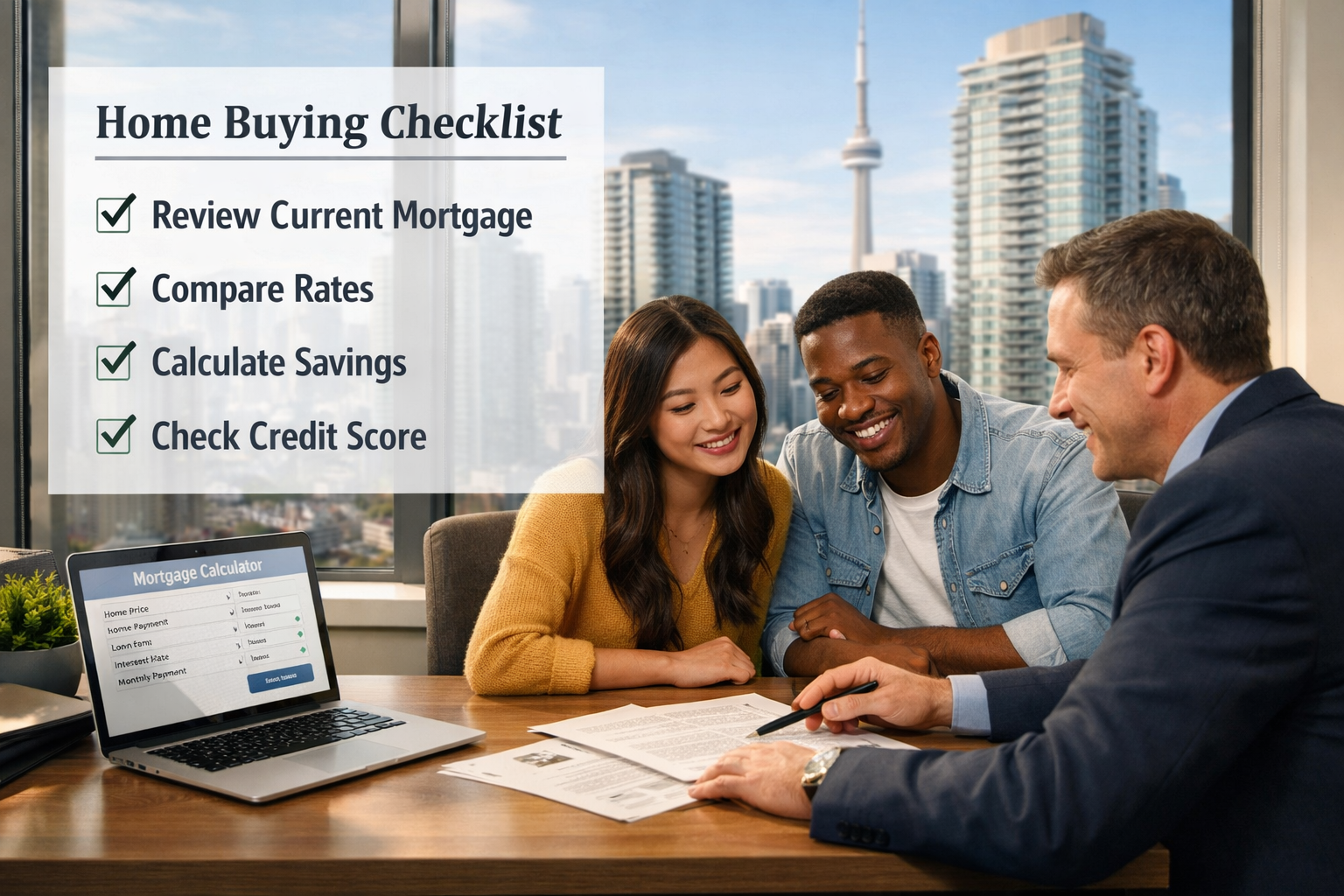 Landscape format (1536x1024) professional consultation scene showing diverse young couple (first-time buyers) meeting with mortgage advisor