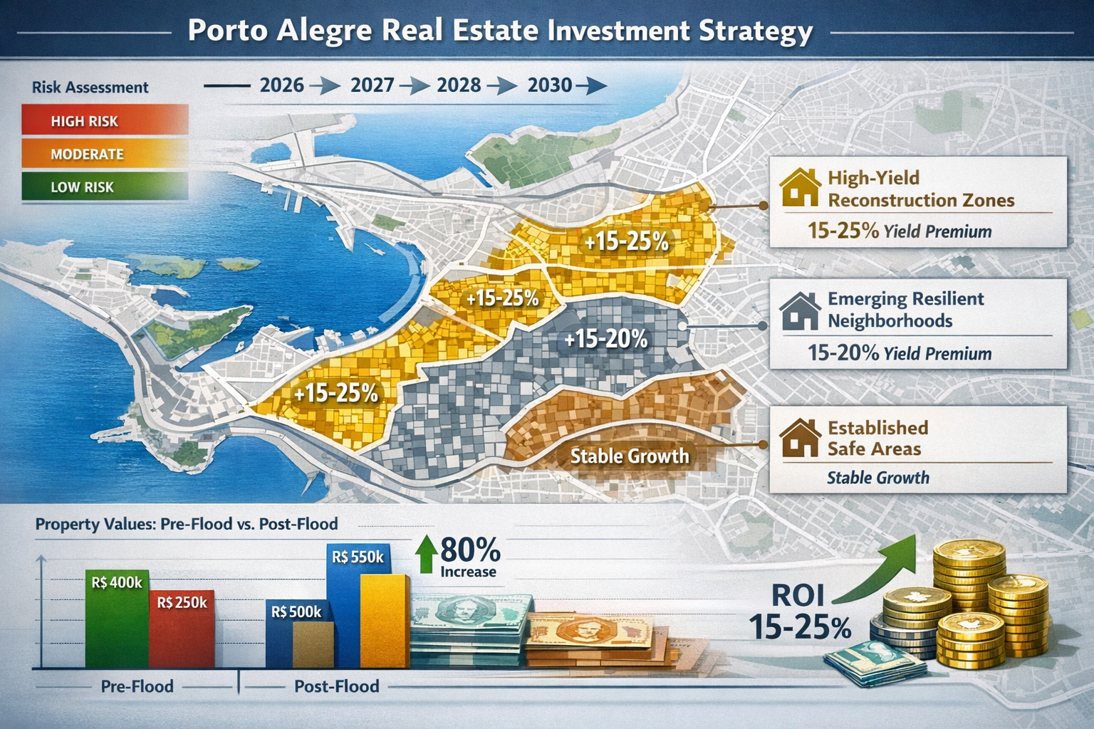 Detailed () image showing professional investment strategy infographic for Porto Alegre real estate with three distinct