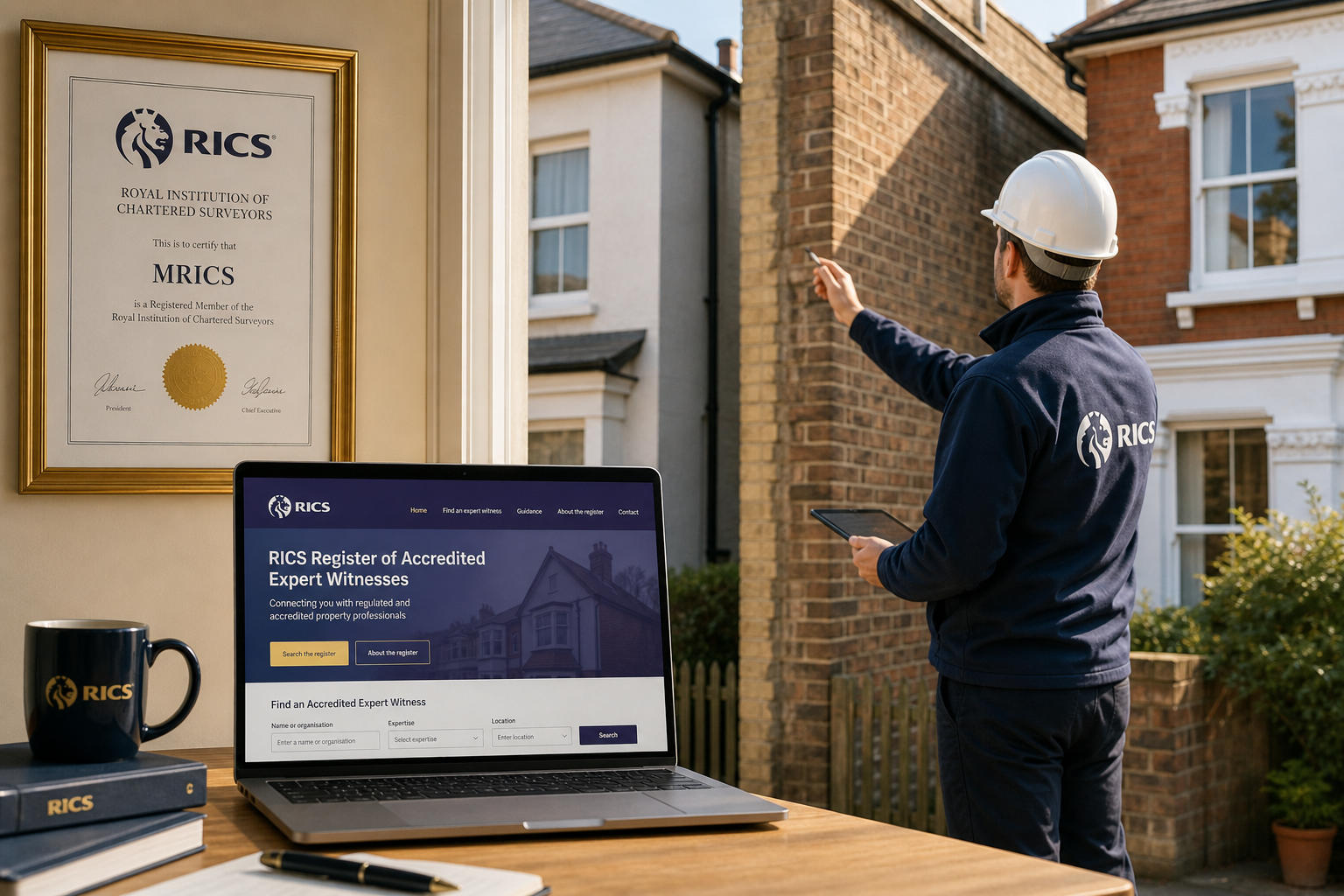 () editorial illustration showing the RICS logo prominently displayed on a professional certificate mounted on a wall, with