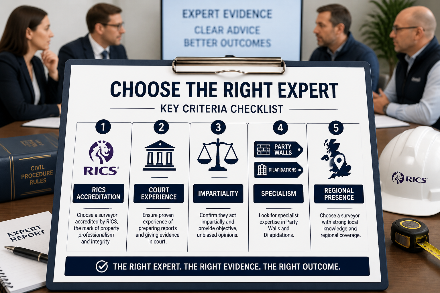 () detailed infographic-style image showing a structured checklist or decision matrix on a clipboard with five key criteria