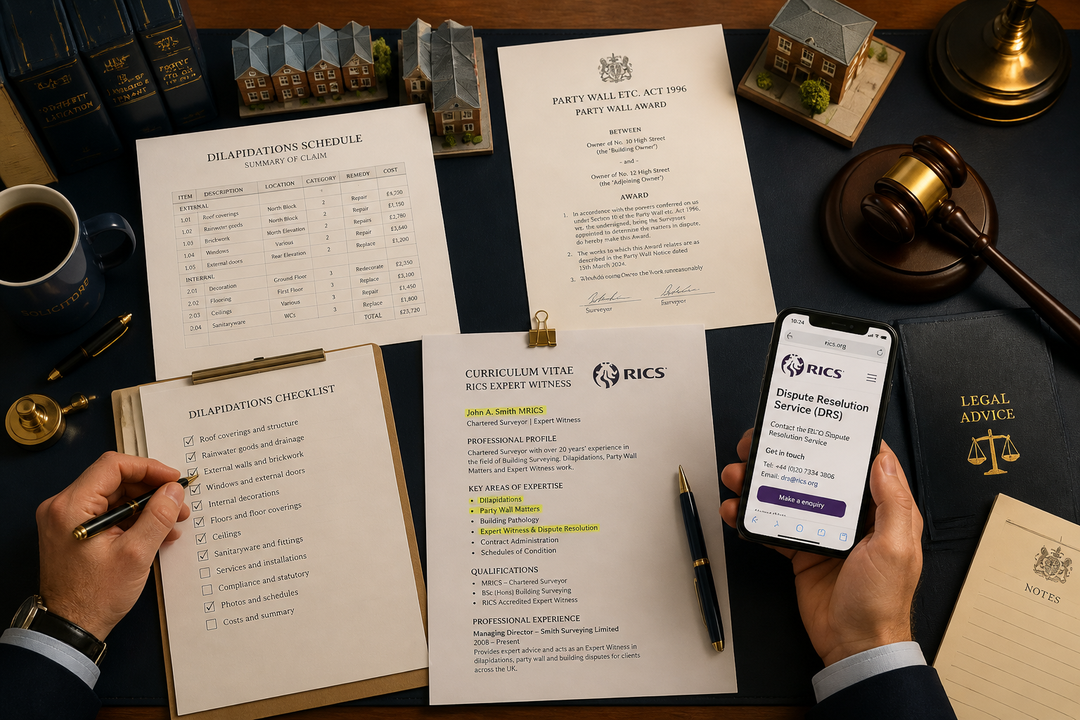 () bird's-eye view of a solicitor's desk with spread-out dilapidations schedules, party wall award documents, and a