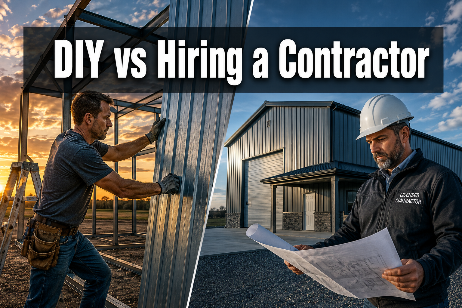 Professional () hero image with : 'DIY vs Hiring a Contractor' in extra large white with dark drop , centered in upper