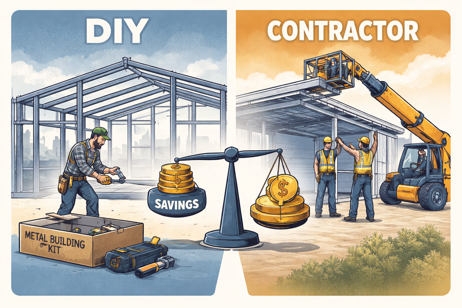 Detailed () editorial infographic-style illustration showing a side-by-side comparison of a DIY metal building project