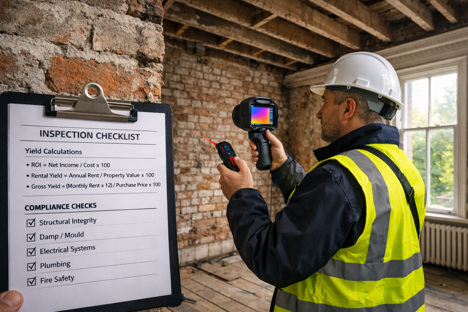 Detailed () image showing professional building surveyor in high-visibility vest and hard hat conducting detailed inspection
