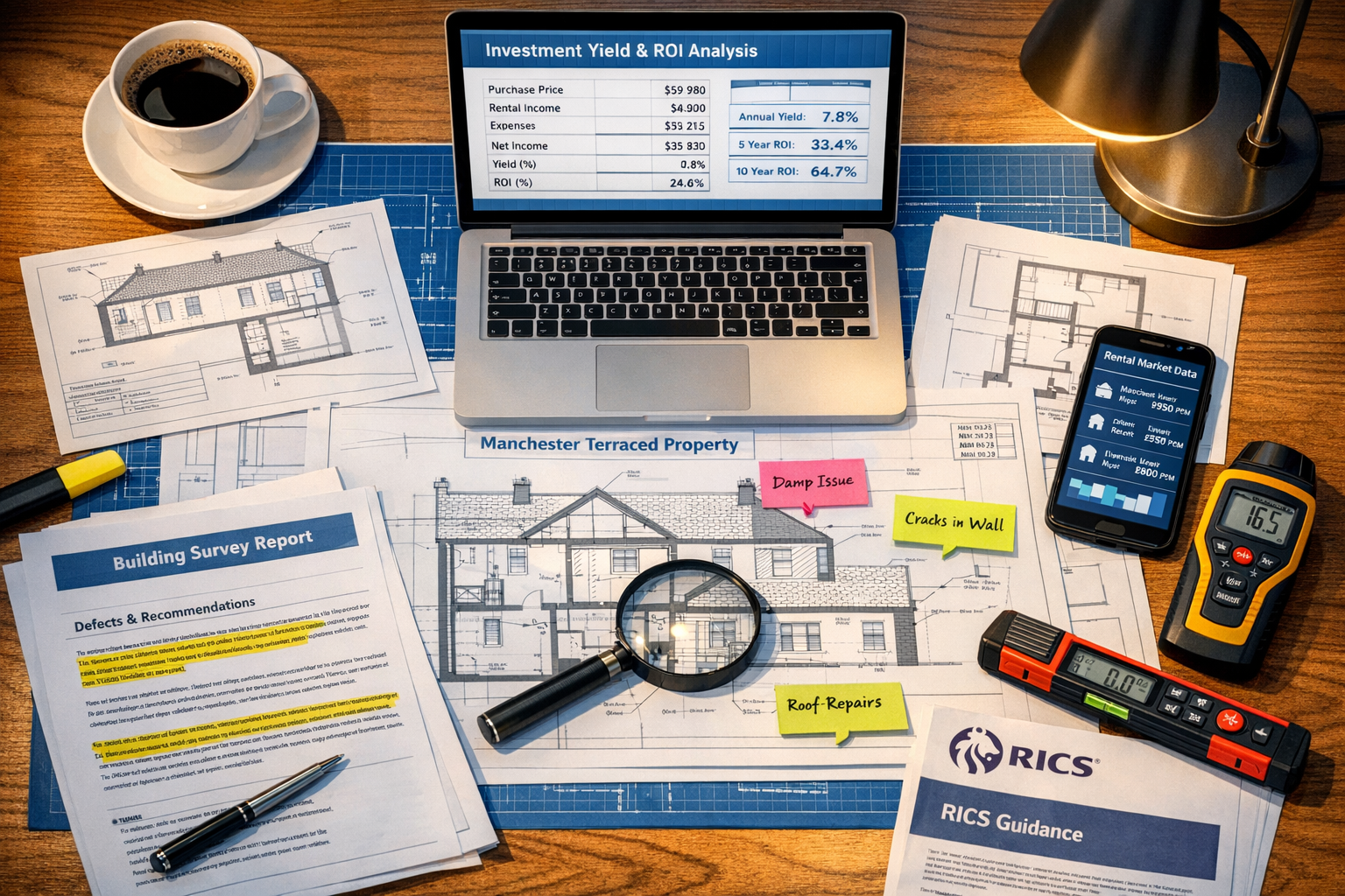 Detailed () image of modern surveyor's office desk workspace focused on northern renewal project due diligence